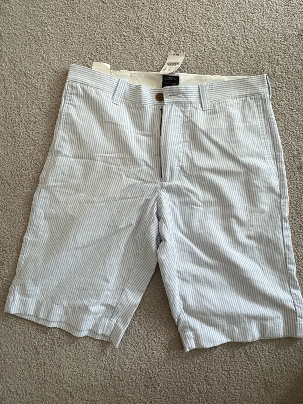 J. Crew Men's Seersucker Flat-Front Shorts - White & Light Blue Stripes